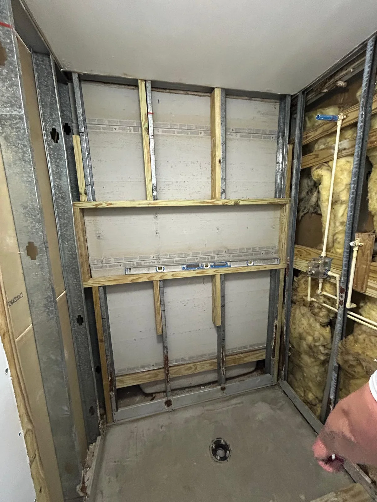 Preparation and framing during a bathroom renovation in Sunrise. Work in progress.